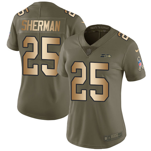 Seattle Seahawks #25 Richard Sherman Olive/Gold Women's Stitched Limited 2017 Salute to Service Jersey Womens