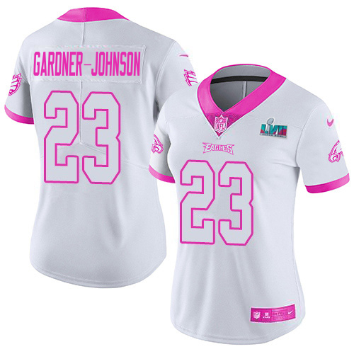 Eagles #23 C.J. Gardner-Johnson White/Pink Super Bowl LVII Patch Women's Stitched Limited Rush Fashion Jersey