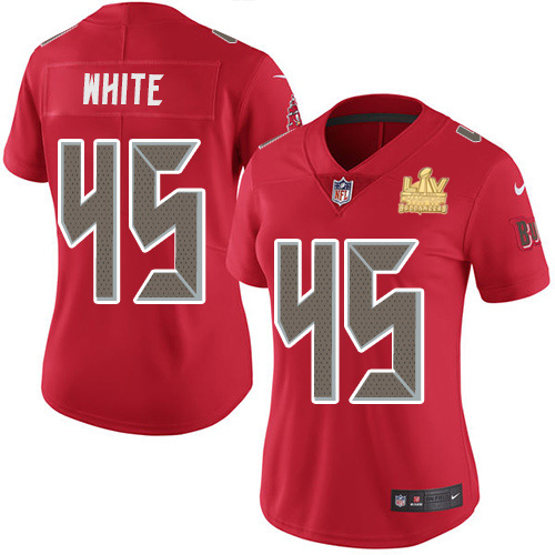 Buccaneers #45 Devin White Red Women's Super Bowl LV Champions Patch Stitched Limited Rush Jersey