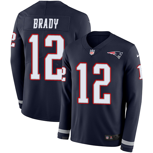 Patriots #12 Tom Brady Navy Blue Team Color Men's Stitched Limited Therma Long Sleeve Jersey