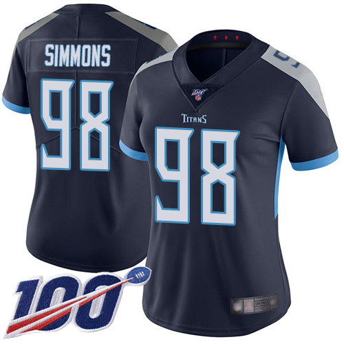 Titans #98 Jeffery Simmons Navy Blue Team Color Women's Stitched 100th Season Vapor Limited Jersey