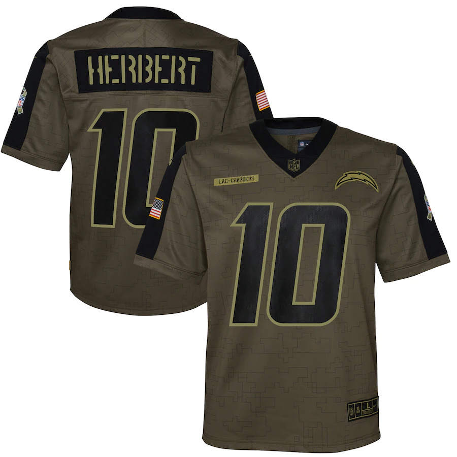 Los Angeles Chargers #10 Justin Herbert Olive Youth 2021 Salute To Service Game Jersey
