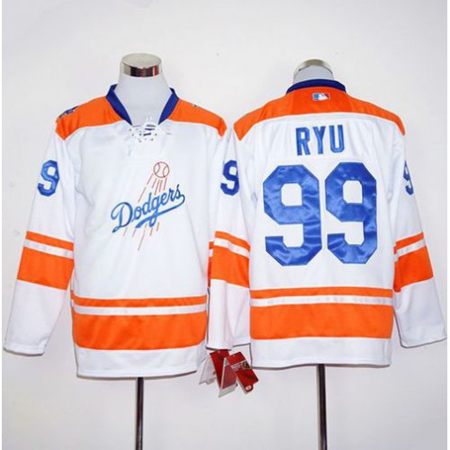 Los Angeles Dodgers #99 Hyun-Jin Ryu White/Orange Long Sleeve Stitched Jersey Men's