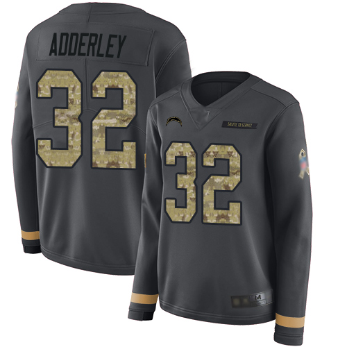 Los Angeles Chargers #32 Nasir Adderley Anthracite Salute to Service Women's Stitched Limited Therma Long Sleeve Jersey Womens