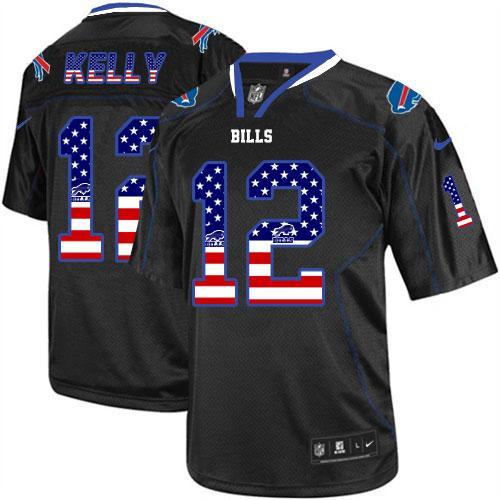 Bills #12 Jim Kelly Black Men's Stitched Elite USA Flag Fashion Jersey