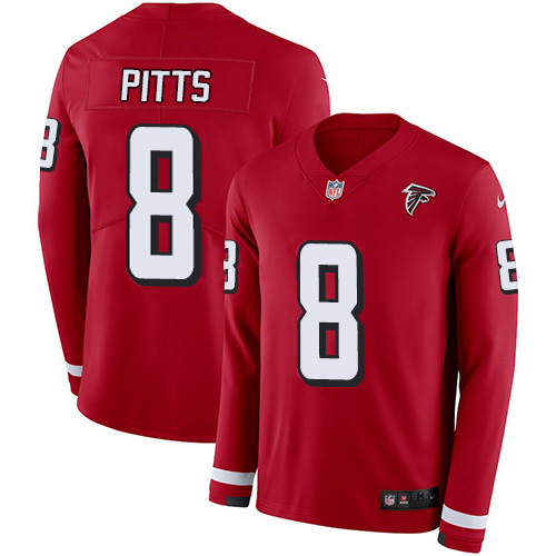 Falcons #8 Kyle Pitts Red Team Color Men's Stitched Limited Therma Long Sleeve Jersey