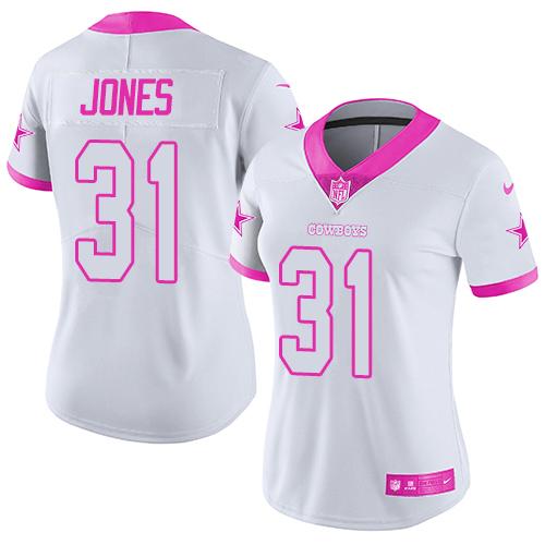 Dallas Cowboys #31 Byron Jones White/Pink Women's Stitched Limited Rush Fashion Jersey Womens