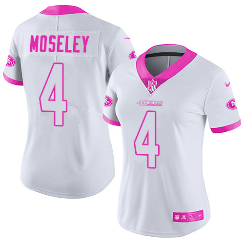 San Francisco 49ers #4 Emmanuel Moseley White/Pink Women's Stitched Limited Rush Fashion Jersey Womens