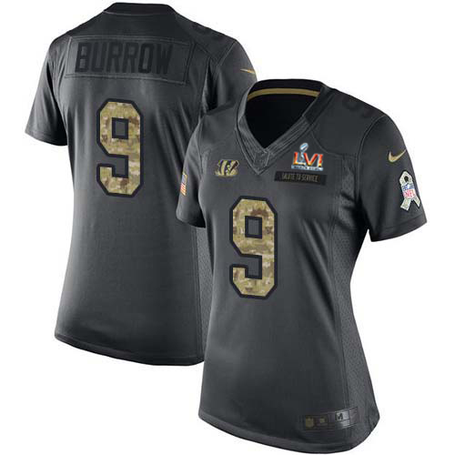 Bengals #9 Joe Burrow Black Super Bowl LVI Patch Women's Stitched Limited 2016 Salute To Service Jersey