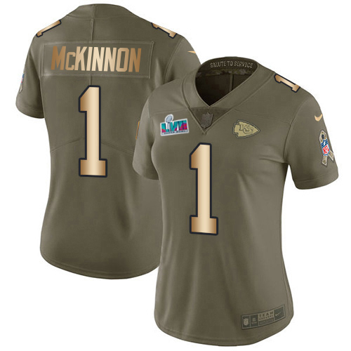 Chiefs #1 Jerick McKinnon Olive/Gold Super Bowl LVII Patch Women's Stitched Limited 2017 Salute To Service Jersey