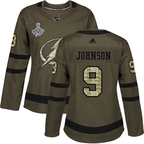 Adidas Tampa Bay Lightning #9 Tyler Johnson Green Salute to Service Women's 2020 Stanley Cup Champions Stitched Jersey Womens