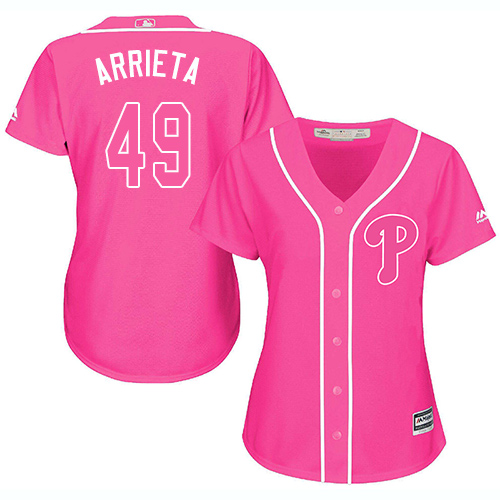Philadelphia Phillies #49 Jake Arrieta Pink Fashion Women's Stitched Jersey Womens
