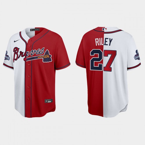 Atlanta Atlanta Braves #27 Austin Riley Men's 2021 World Series Champions Split Red White Stitched Jersey Men's