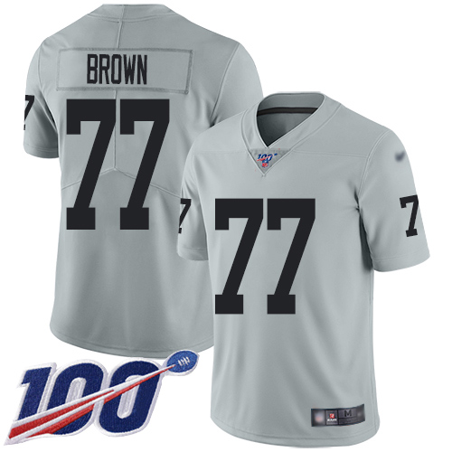Las Vegas Raiders #77 Trent Brown Silver Men's Stitched Limited Inverted Legend 100th Season Jersey Men's