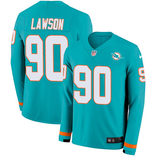Miami Dolphins #90 Shaq Lawson Aqua Green Team Color Youth Stitched Limited Therma Long Sleeve Jersey Youth