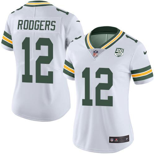 Packers #12 Aaron Rodgers White Women's 100th Season Stitched Vapor Untouchable Limited Jersey