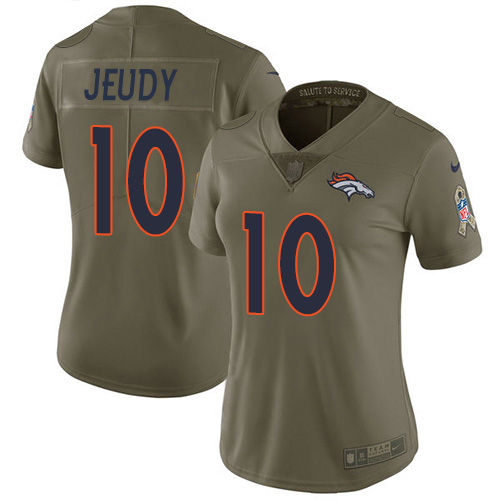 Broncos #10 Jerry Jeudy Olive Women's Stitched Limited 2017 Salute To Service Jersey