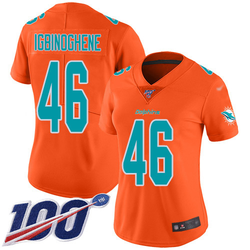 Miami Dolphins #46 Noah Igbinoghene Orange Women's Stitched Limited Inverted Legend 100th Season Jersey Womens