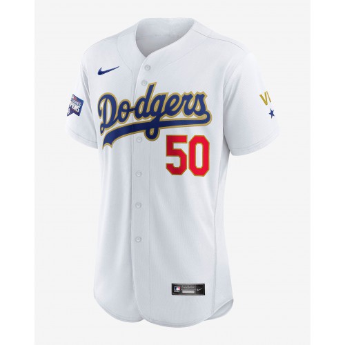 Los Angle Los Angeles Dodgers #50 Mookie Betts Men's White 2020 World Series Champions Gold Authentic Baseball Jersey Men's