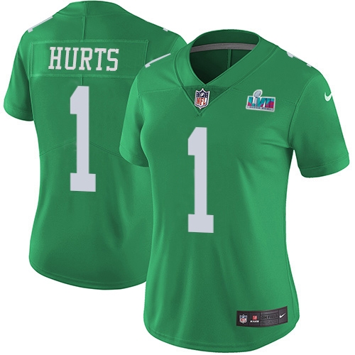 Eagles #1 Jalen Hurts Green Super Bowl LVII Patch Women's Stitched Limited Rush Jersey