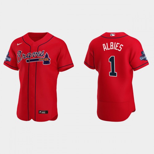 Atlanta Atlanta Braves #1 Ozzie Albies Men's 2021 World Series Champions Patch Authentic Player Jersey - Red Men's