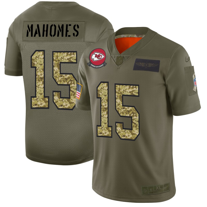 Kansas City Chiefs #15 Patrick Mahomes Men's 2019 Olive Camo Salute To Service Limited Jersey
