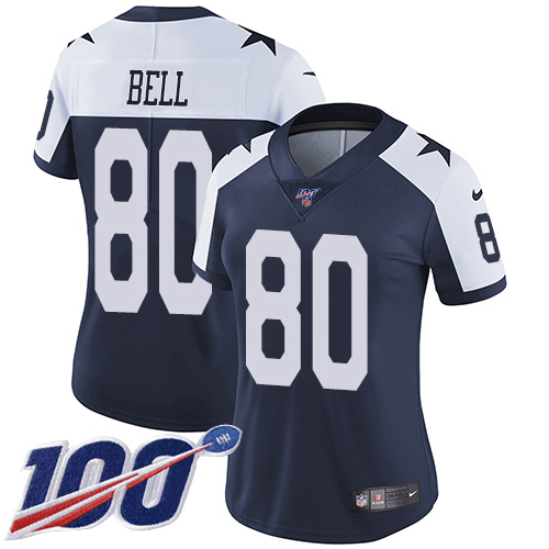Dallas Cowboys #80 Blake Bell Navy Blue Thanksgiving Women's Stitched 100th Season Vapor Throwback Limited Jersey Womens