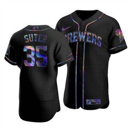Milwaukee Milwaukee Brewers #35 Brent Suter Men's Iridescent Holographic Collection Jersey - Black Men's