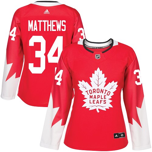 Adidas Maple Toronto Maple Leafs #34 Auston Matthews Red Team Canada Authentic Women's Stitched Jersey Womens