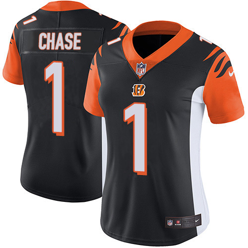 Bengals #1 Ja'Marr Chase Black Team Color Women's Stitched Vapor Untouchable Limited Jersey