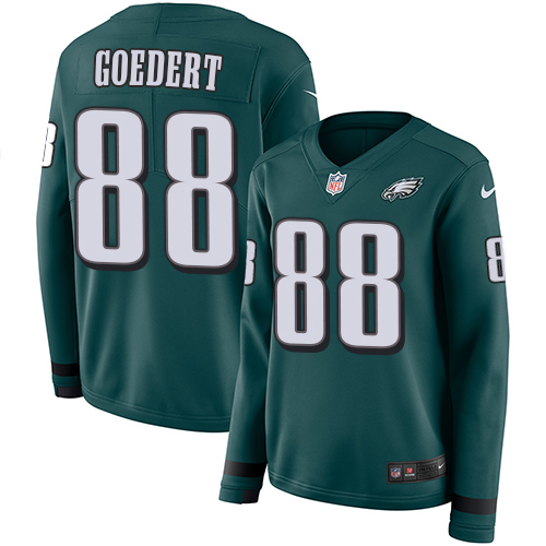 Eagles #88 Dallas Goedert Midnight Green Team Color Women's Stitched Limited Therma Long Sleeve Jersey