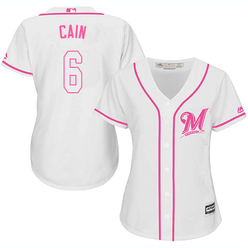 Milwaukee Brewers #6 Lorenzo Cain White/Pink Fashion Women's Stitched Jersey Womens
