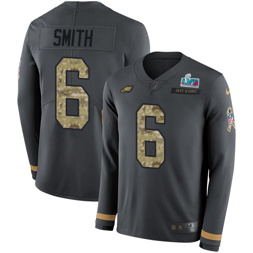 Eagles #6 DeVonta Smith Anthracite Super Bowl LVII Patch Salute To Service Youth Stitched Limited Therma Long Sleeve Jersey