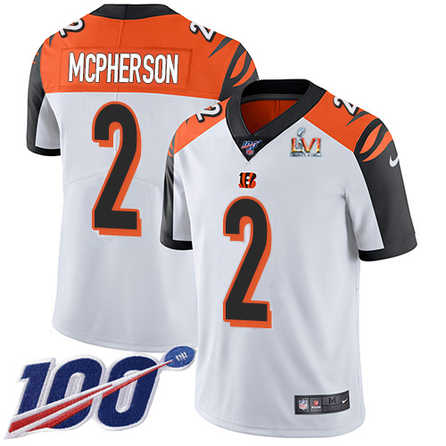 Bengals #2 Evan McPherson White Super Bowl LVI Patch Youth Stitched 100th Season Vapor Limited Jersey