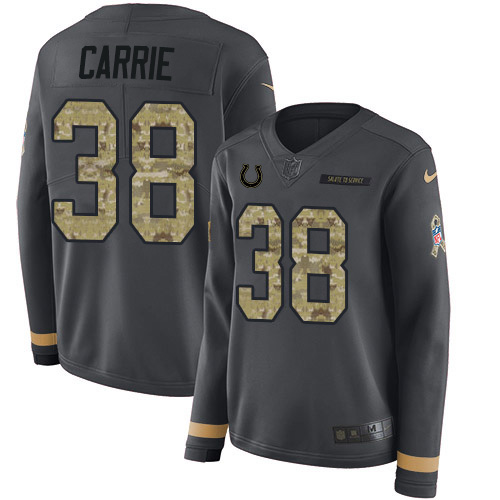 Indianapolis Colts #38 T.J. Carrie Anthracite Salute to Service Women's Stitched Limited Therma Long Sleeve Jersey Womens