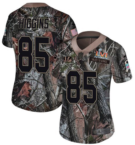 Bengals #85 Tee Higgins Camo Super Bowl LVI Patch Women's Stitched Limited Rush Realtree Jersey