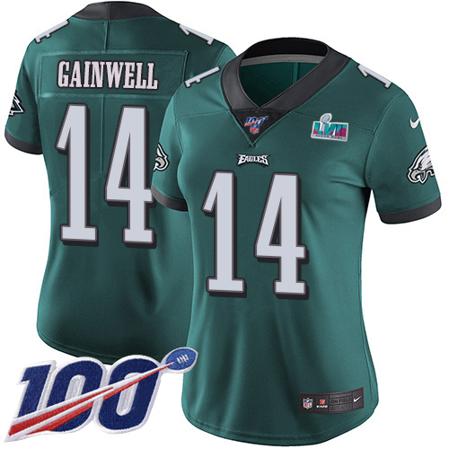 Eagles #14 Kenneth Gainwell Green Team Color Super Bowl LVII Patch Women's Stitched 100th Season Vapor Untouchable Limited Jersey
