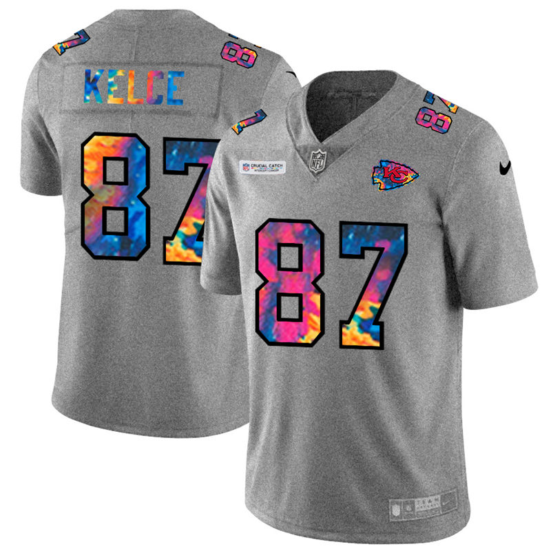 Kansas City Chiefs #87 Travis Kelce Men's Multi-Color 2020 Crucial Catch Jersey Greyheather