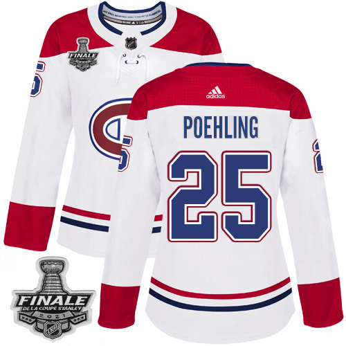Adidas Montreal Canadiens #25 Ryan Poehling White Road Authentic Women's 2021 Stanley Cup Final Patch Jersey Womens