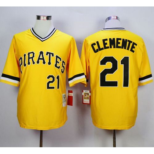 Mitchell and Ness 1971 Pittsburgh Pirates #21 Roberto Clemente Yellow Throwback Stitched Jersey Men's