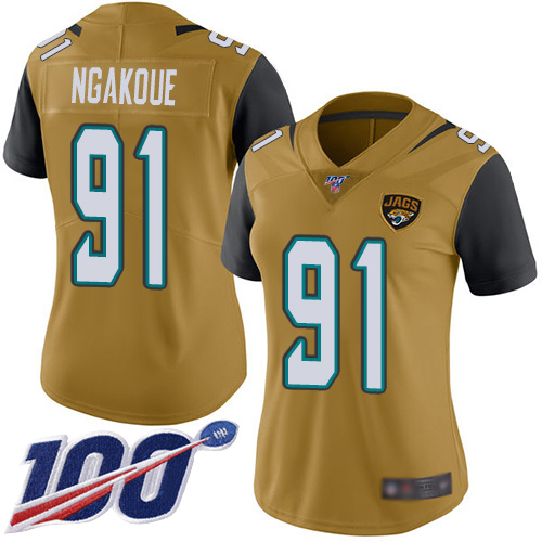 Jacksonville Jaguars #91 Yannick Ngakoue Gold Women's Stitched Limited Rush 100th Season Jersey Womens