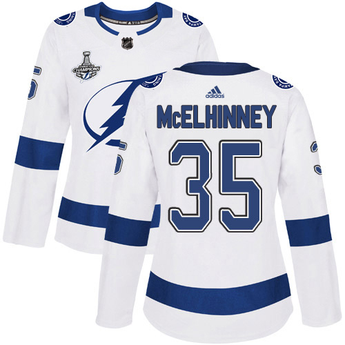 Adidas Tampa Bay Lightning #35 Curtis McElhinney White Road Authentic Women's 2020 Stanley Cup Champions Stitched Jersey Womens