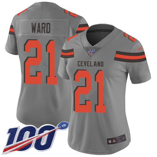 Browns #21 Denzel Ward Gray Women's Stitched Limited Inverted Legend 100th Season Jersey