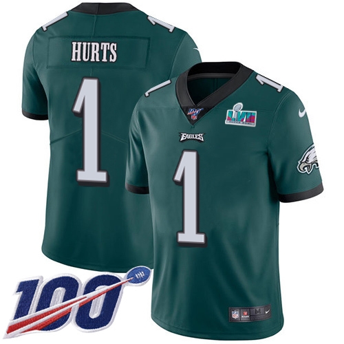 Eagles #1 Jalen Hurts Green Team Color Super Bowl LVII Patch Youth Stitched 100th Season Vapor Limited Jersey