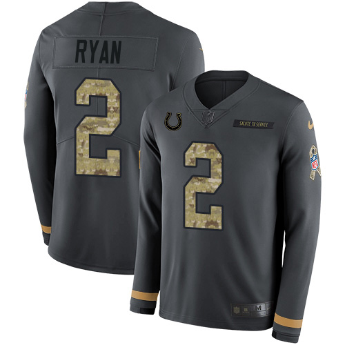 Colts #2 Matt Ryan Anthracite Salute To Service Men's Stitched Limited Therma Long Sleeve Jersey