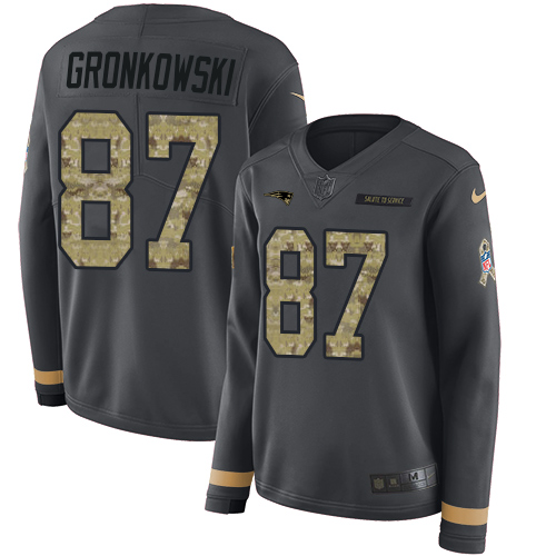 New England Patriots #87 Rob Gronkowski Anthracite Salute to Service Women's Stitched Limited Therma Long Sleeve Jersey Womens
