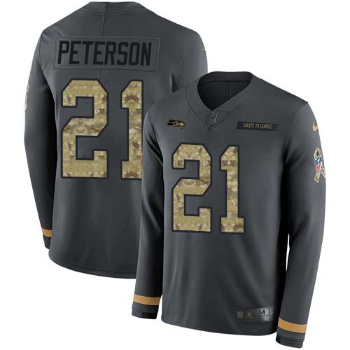 Seattle Seahawks #21 Adrian Peterson Anthracite Salute to Service Youth Stitched Limited Therma Long Sleeve Jersey Youth