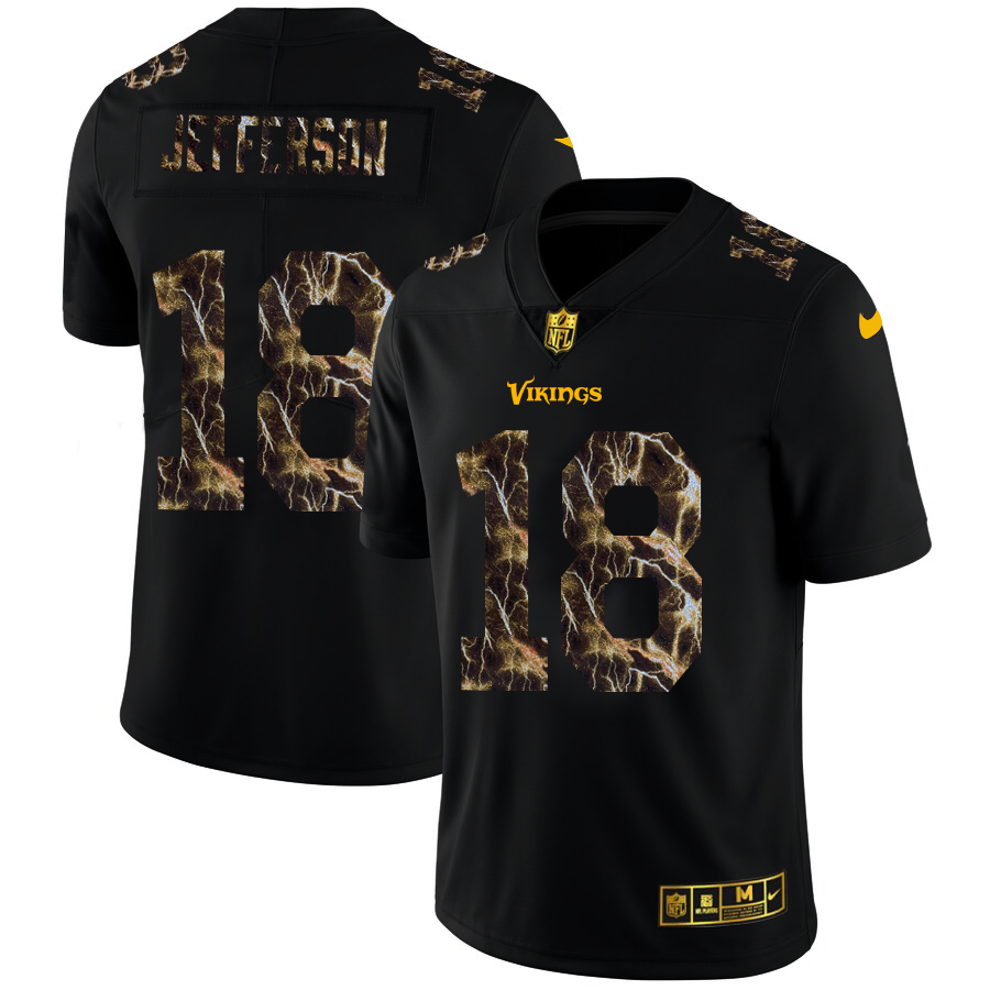 Minnesota Vikings #18 Justin Jefferson Men's Black Flocked Lightning Vapor Limited Jersey