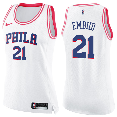 Philadelphia 76ers #21 Joel Embiid White/Pink Womens Swingman Fashion Jersey Womens
