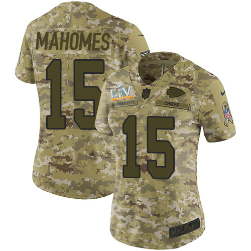 Chiefs #15 Patrick Mahomes Camo Women's Super Bowl LV Bound Stitched Limited 2018 Salute To Service Jersey